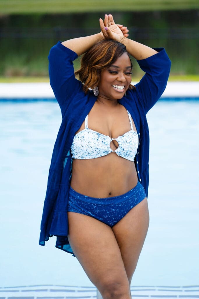 African American Woman in a pool in McCalls 8329 bikini swimsuit